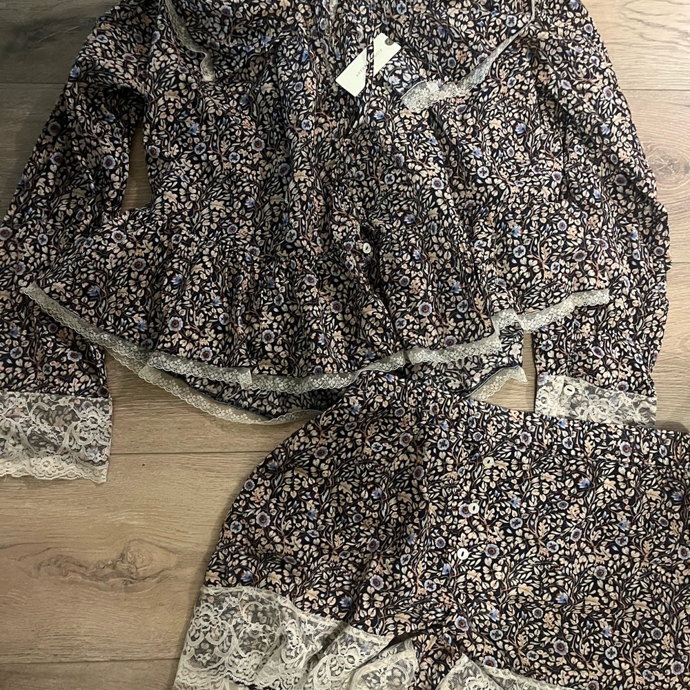 Anthropologie Floral Lace Trim Pajama Set